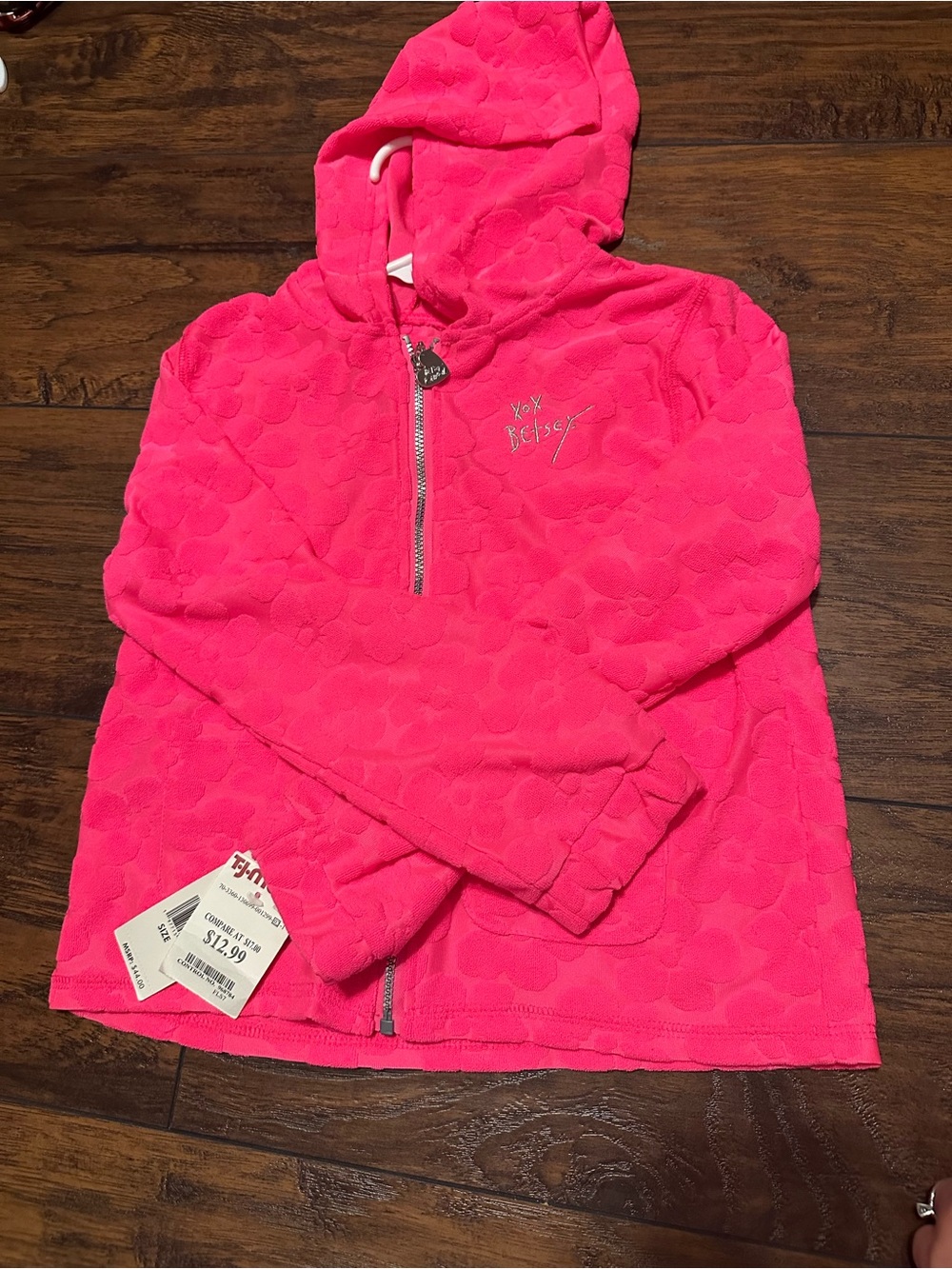 Betsey Johnson Hot Pink Heart-Textured Hooded Pullover